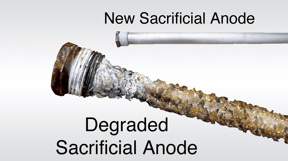 A metal rod constructed sacrificial anode in a hot water system